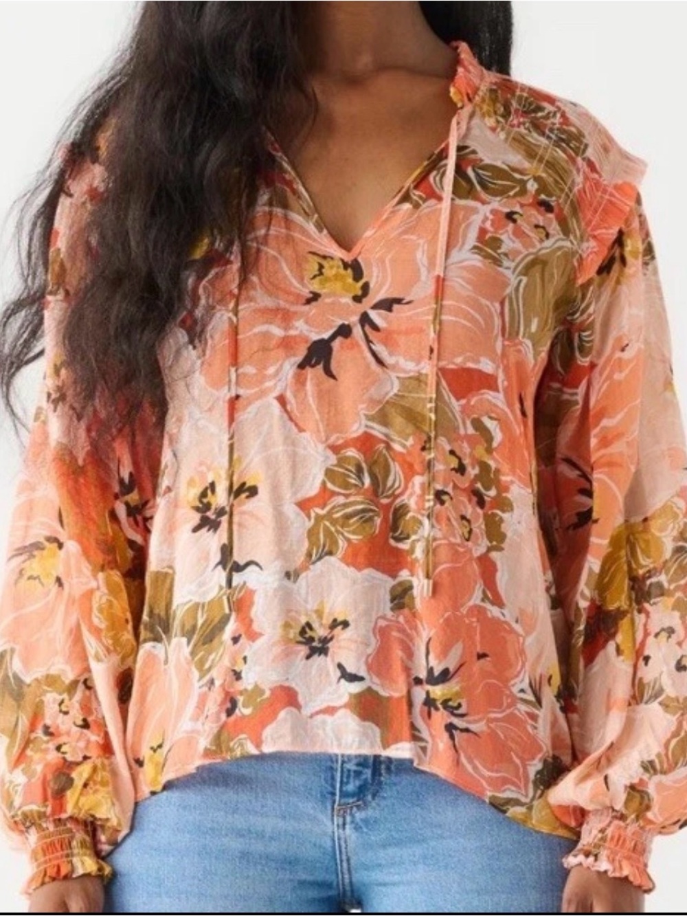 MINKPINK Women’s Orange Brown Floral Print Long Sleeve Smocked Shoulder Blouse L